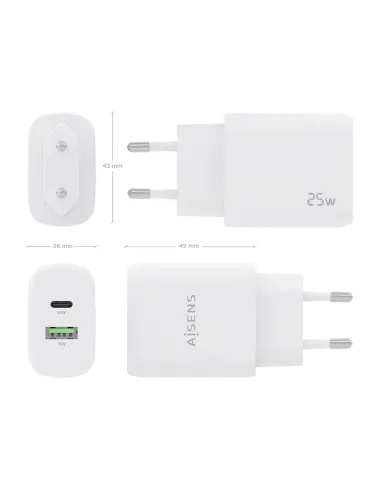 AISENS Cargador 25W, 1xUSB-C PD3.0, 1xUSB-A QC3.0, Blanco