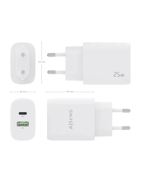 AISENS Cargador 25W, 1xUSB-C PD3.0, 1xUSB-A QC3.0, Blanco