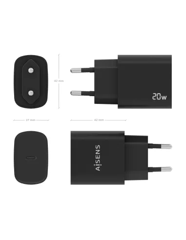 AISENS Cargador USB-C PD3.0 1 Puerto 1xUSB-C 20W, Negro