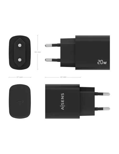 AISENS Cargador USB-C PD3.0 1 Puerto 1xUSB-C 20W, Negro
