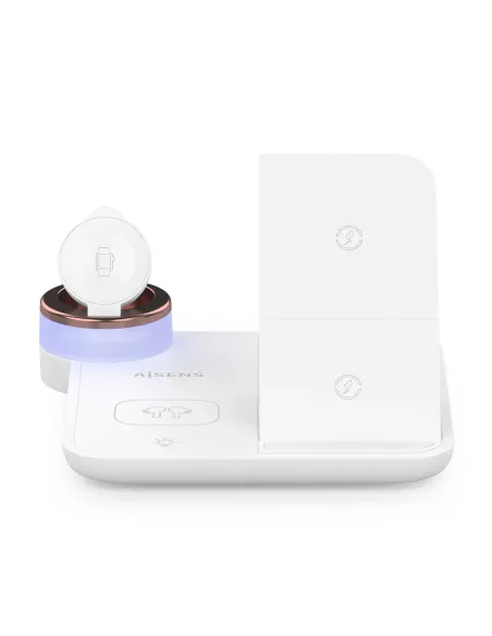 AISENS Cargador Inalambrico USB-C 4 en 1 De 15W Para Movil, Apple Watch, Auriculares Con Estuche De Carga, Blanco
