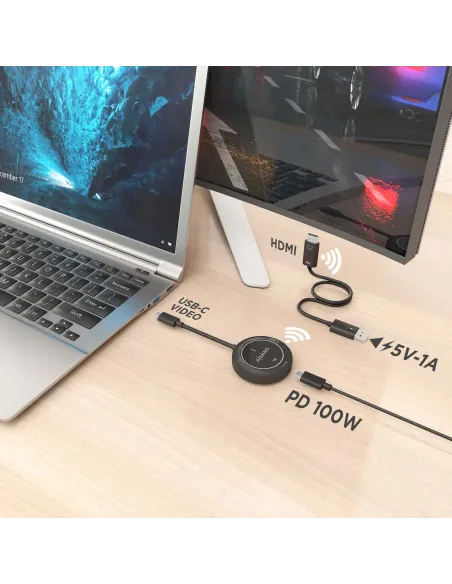 AISENS USB-C A HDMI Inalambrico 1080P 30m + USB-C PD 100W, Negro
