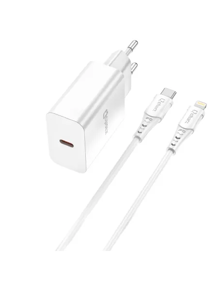 Kit cargador qcharx chronos 3a 20w + cable tipo c a lightning blanco