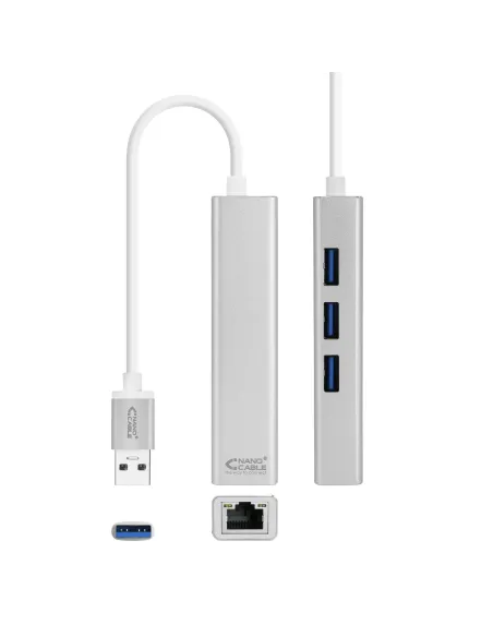 Nanocable Conversor USB 3.0 a Ethernet Gigabit + 3xUSB 3.0, Plata, 15 cm
