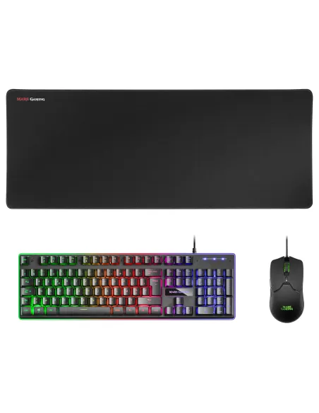 Mars Gaming MCPXBFR, Combo Teclado H-Mech FRGB, Ratón Ultraligero 10000DPI y Alfombrilla XXL, Negro, Idioma Francés