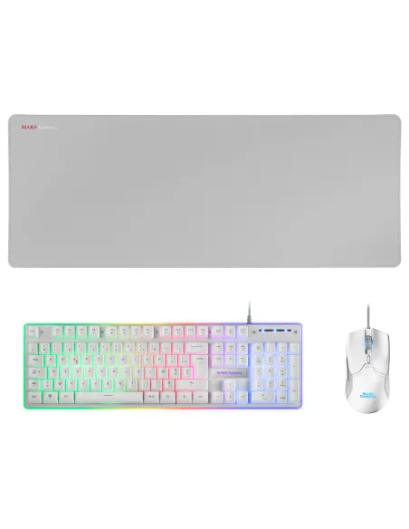 Mars Gaming MCPXWFR, Combo Teclado H-Mech FRGB, Ratón Ultraligero 10000DPI y Alfombrilla XXL, Blanco, Idioma Francés