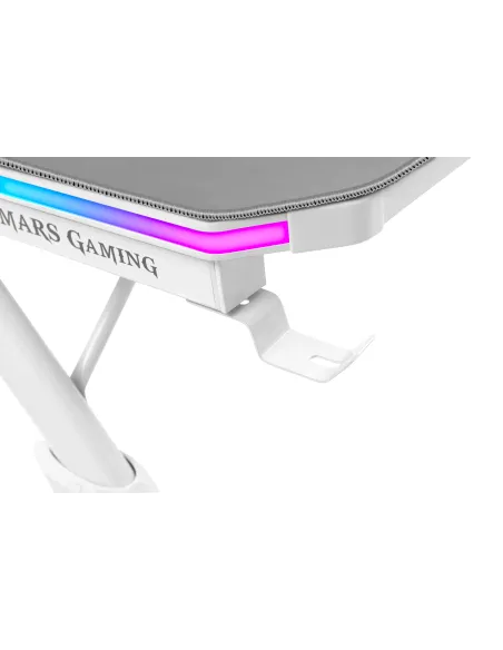 Mars Gaming MGD140RGB, Mesa Ergonómica Gaming RGB, Soporte Auriculares y Bebida, Alfombrilla Ratón, 140x60cm, Blanco