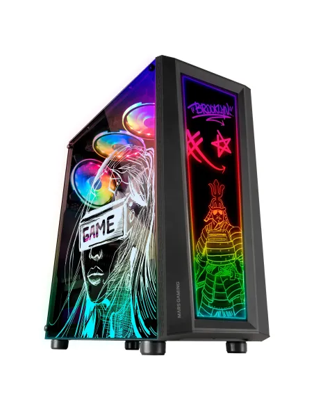 Mars Gaming MC-ART Negro, Caja PC Gaming ATX, Doble Cristal Templado Dibujable, ARGB 12 Modos, Ventilador 12cm