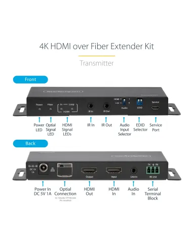 StarTech.com Juego Extensor de HDMI 4K por Fibra - 4K a 60Hz hasta 1km (Monomodo) o 330m (Multimodo) - Fibra Óptica LC - HDR -