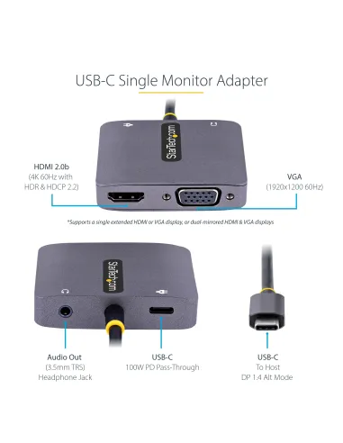 StarTech.com Adaptador de Vídeo USB C, Adaptador Multipuertos USB Tipo C a HDMI VGA con Salida de Audio de 3,5mm, HDR 4K a