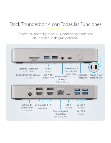 StarTech.com Docking Station Multipantalla Thunderbolt 4 - Dock para Dos, Tres o 4 Monitores - 2x HDMI 2x DP - Hub Ladrón 7x