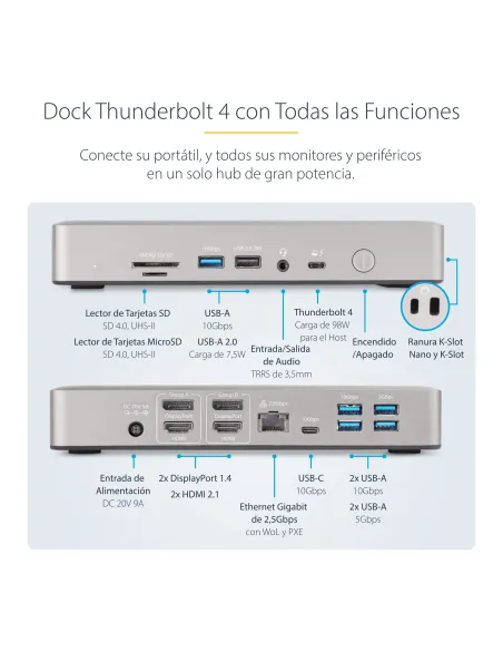 StarTech.com Docking Station Multipantalla Thunderbolt 4 - Dock para Dos, Tres o 4 Monitores - 2x HDMI 2x DP - Hub Ladrón 7x