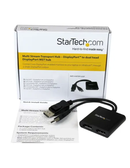 StarTech.com Hub MST de 2 Puertos DisplayPort 1.2 - Divisor Splitter DP de 2 Monitores - Adaptador DP a 2x DisplayPort 4K 30Hz