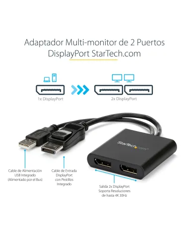 StarTech.com Hub MST de 2 Puertos DisplayPort 1.2 - Divisor Splitter DP de 2 Monitores - Adaptador DP a 2x DisplayPort 4K 30Hz
