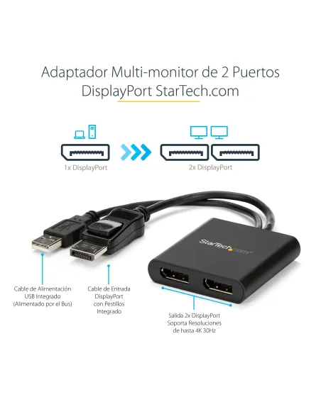 StarTech.com Hub MST de 2 Puertos DisplayPort 1.2 - Divisor Splitter DP de 2 Monitores - Adaptador DP a 2x DisplayPort 4K 30Hz