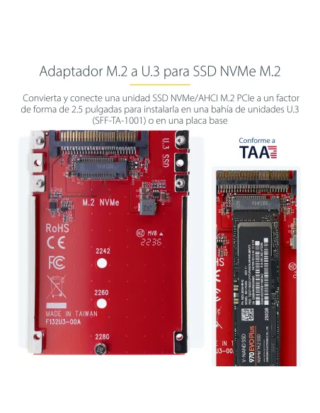 StarTech.com Adaptador M.2 a U.3 para SSDs M.2 NVMe - Conversor Adaptador de Host de Unidad M.2 PCIe a U.3 de 2,5 (SFF-TA-1001)