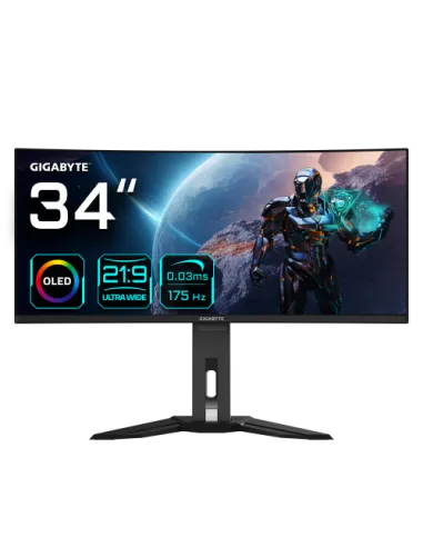 GIGABYTE Monitor de juegos curvo OLED WQHD MO34WQC de 34” - 3440x1440(WQHD), 175Hz, 0.03ms, KVM, 250 cd/m², FreeSync Premium Pro