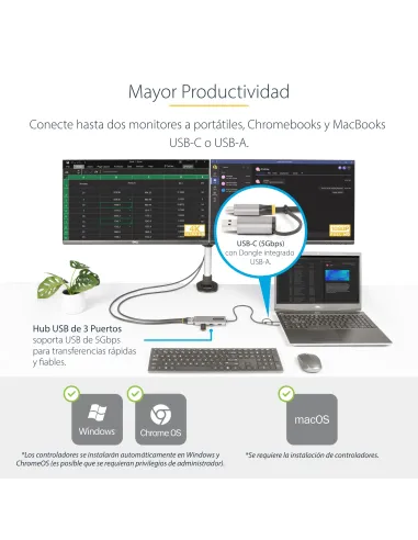 StarTech.com Adaptador Multipuertos USB-C - HDMI Doble (4K30Hz 1080p60Hz) - Hub Ladrón 3x USB-A - Mini Docking Station de