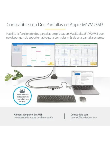 StarTech.com Adaptador Multipuertos USB-C - HDMI Doble (4K30Hz 1080p60Hz) - Hub Ladrón 3x USB-A - Mini Docking Station de