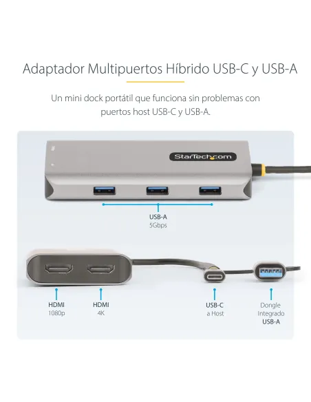 StarTech.com Adaptador Multipuertos USB-C - HDMI Doble (4K30Hz 1080p60Hz) - Hub Ladrón 3x USB-A - Mini Docking Station de