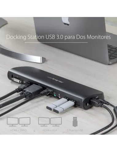 StarTech.com Docking Station USB 3.0 de 2 Monitores para Portátil - HDMI DVI VGA - Hub Ladrón 3x USB-A - GbE - Audio -