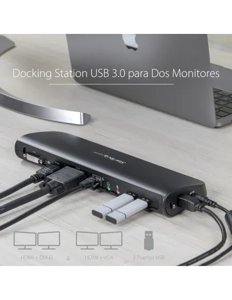 StarTech.com Docking Station USB 3.0 de 2 Monitores para Portátil - HDMI DVI VGA - Hub Ladrón 3x USB-A - GbE - Audio -