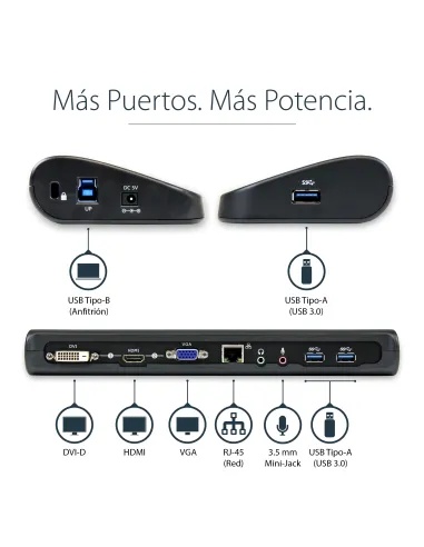 StarTech.com Docking Station USB 3.0 de 2 Monitores para Portátil - HDMI DVI VGA - Hub Ladrón 3x USB-A - GbE - Audio -