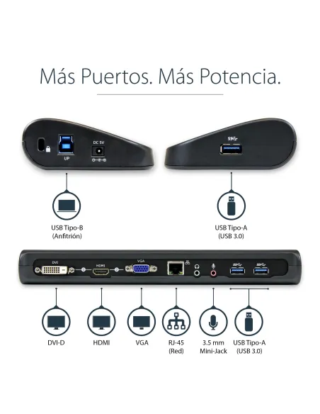 StarTech.com Docking Station USB 3.0 de 2 Monitores para Portátil - HDMI DVI VGA - Hub Ladrón 3x USB-A - GbE - Audio -