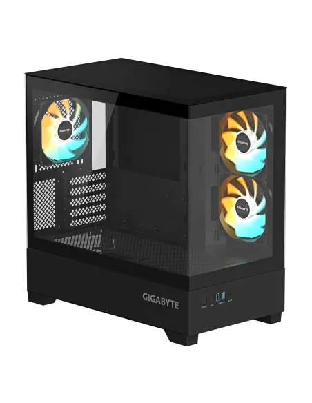 GIGABYTE C201 PANORAMIC Caja de PC – Torre Media, m-ATX, soporte para radiador de 360 mm, 3 ventiladores preinstalados, USB