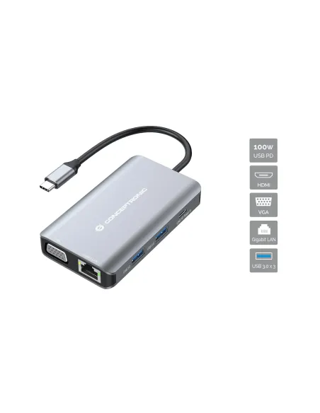 Conceptronic DONN21G base para portátil y replicador de puertos Alámbrico USB 3.2 Gen 1 (3.1 Gen 1) Type-C Gris