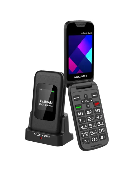 Telefono movil volfen orion dual max tipo concha negro base de carga