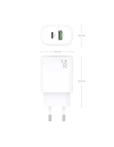 AISENS Cargador GaN 20W, 1xUSB-C PD3.0, 1xUSB-A QC3.0, Blanco