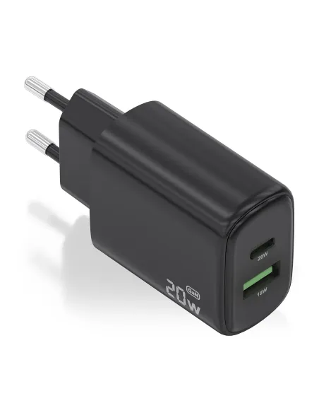 AISENS Cargador GaN 20W, 1xUSB-C PD3.0, 1xUSB-A QC3.0, Negro