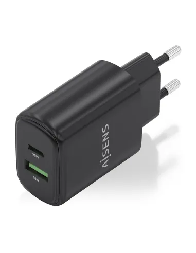 AISENS Cargador GaN 20W, 1xUSB-C PD3.0, 1xUSB-A QC3.0, Negro