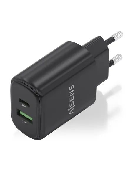 AISENS Cargador GaN 20W, 1xUSB-C PD3.0, 1xUSB-A QC3.0, Negro