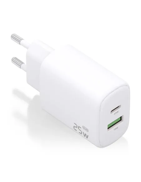 AISENS Cargador GaN 25W, 1xUSB-C PD3.0, 1xUSB-A QC3.0, Blanco