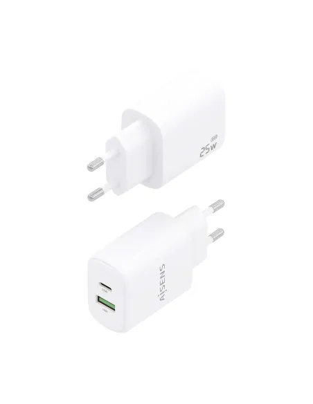 AISENS Cargador GaN 25W, 1xUSB-C PD3.0, 1xUSB-A QC3.0, Blanco