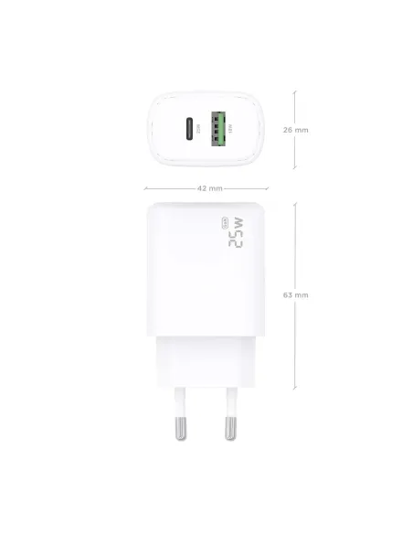 AISENS Cargador GaN 25W, 1xUSB-C PD3.0, 1xUSB-A QC3.0, Blanco