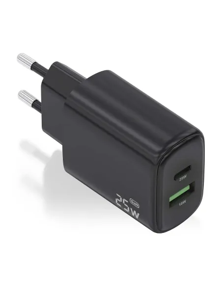 AISENS Cargador GaN 25W, 1xUSB-C PD3.0, 1xUSB-A QC3.0, Negro