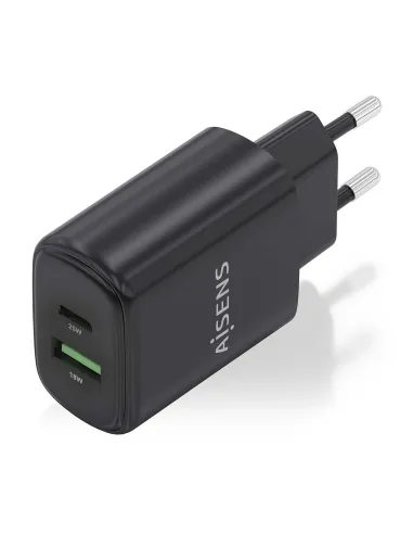 AISENS Cargador GaN 25W, 1xUSB-C PD3.0, 1xUSB-A QC3.0, Negro