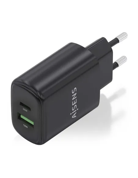 AISENS Cargador GaN 25W, 1xUSB-C PD3.0, 1xUSB-A QC3.0, Negro