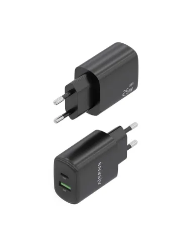 AISENS Cargador GaN 25W, 1xUSB-C PD3.0, 1xUSB-A QC3.0, Negro