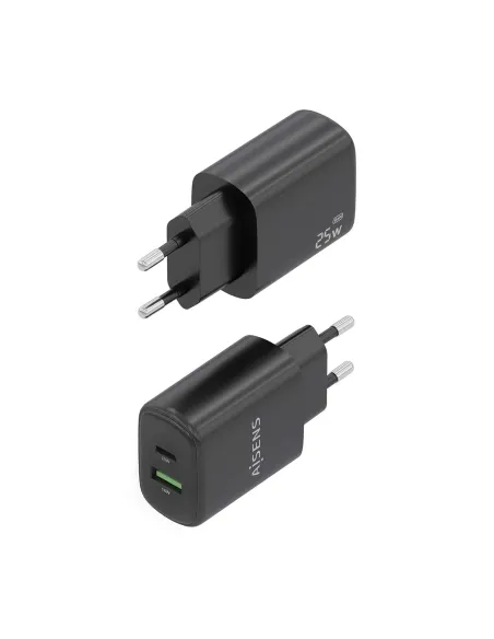 AISENS Cargador GaN 25W, 1xUSB-C PD3.0, 1xUSB-A QC3.0, Negro