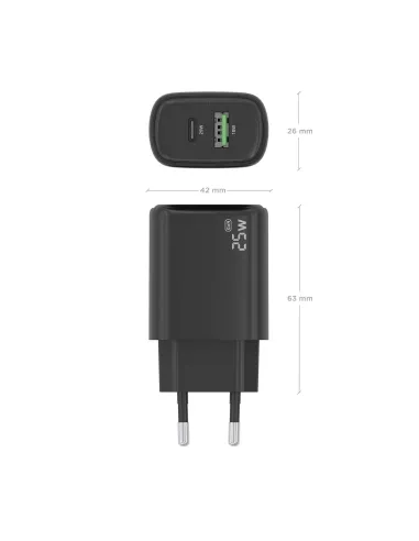 AISENS Cargador GaN 25W, 1xUSB-C PD3.0, 1xUSB-A QC3.0, Negro