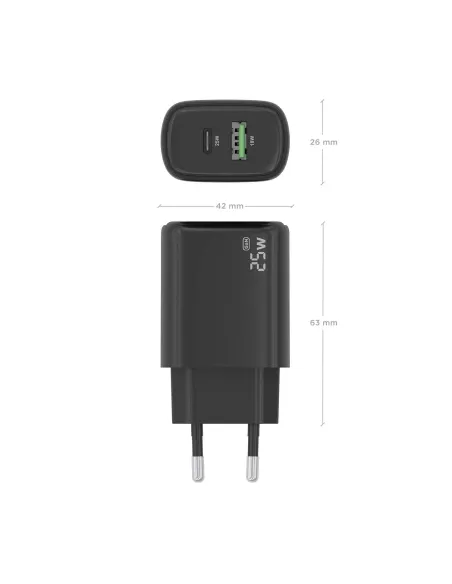 AISENS Cargador GaN 25W, 1xUSB-C PD3.0, 1xUSB-A QC3.0, Negro