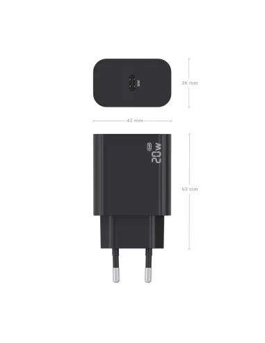 AISENS Cargador GaN 20W, 1xUSB-C PD3.0, Negro