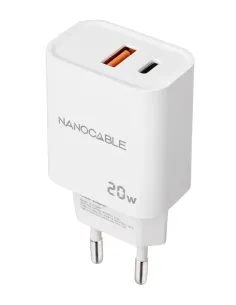 Nanocable Cargador USB-C PD + USB-A QC 20W, Blanco