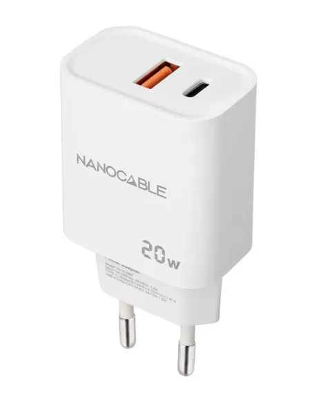 Nanocable Cargador USB-C PD + USB-A QC 20W, Blanco Nanocable Cargador USB-C PD + USB-A QC 20W, Blanco