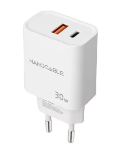 Nanocable Cargador USB-C PD + USB-A QC 30W, Blanco