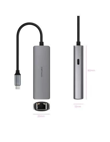 Nanocable Adaptador USB-C 3.1 a RJ45, con PD 100W, USB-C M, Aluminio, Color Gris, 18 cm